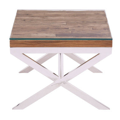 Square Natural Wood & Clear Glass Top End Table With Silver Cross Base, Kerala