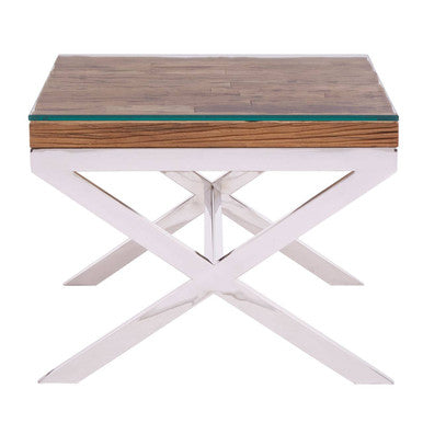 Square Natural Wood & Clear Glass Top End Table With Silver Cross Base, Kerala