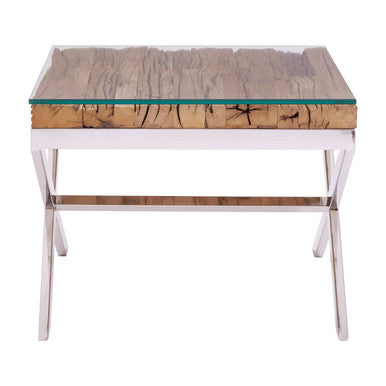 Square Natural Wood & Clear Glass Top End Table With Silver Cross Base, Kerala