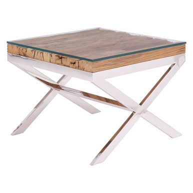 Square Natural Wood & Clear Glass Top End Table With Silver Cross Base, Kerala