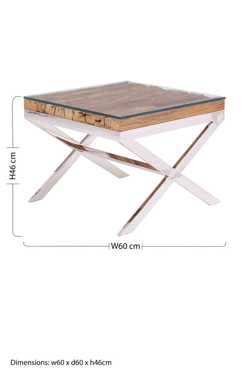 Square Natural Wood & Clear Glass Top End Table With Silver Cross Base, Kerala