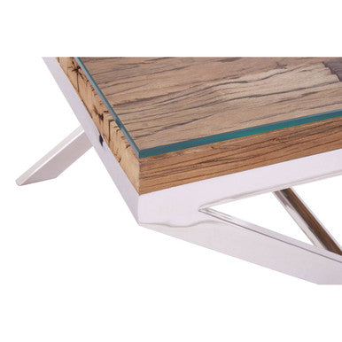 Square Natural Wood & Clear Glass Top End Table With Silver Cross Base, Kerala