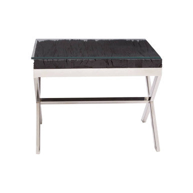 Square Black Wood & Clear Glass Top End Table With Silver Cross Base, Kerala
