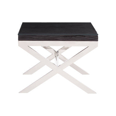 Square Black Wood & Clear Glass Top End Table With Silver Cross Base, Kerala