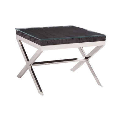 Square Black Wood & Clear Glass Top End Table With Silver Cross Base, Kerala