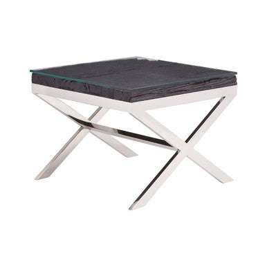 Square Black Wood & Clear Glass Top End Table With Silver Cross Base, Kerala