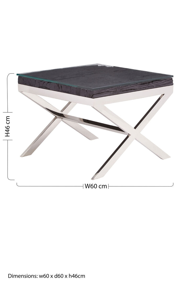 Square Black Wood & Clear Glass Top End Table With Silver Cross Base, Kerala