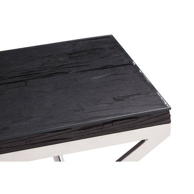 Square Black Wood & Clear Glass Top End Table With Silver Cross Base, Kerala