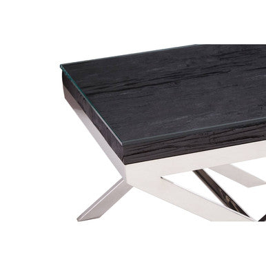 Square Black Wood & Clear Glass Top End Table With Silver Cross Base, Kerala