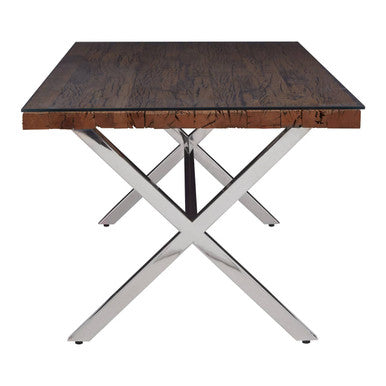 Square Natural Wood & Clear Glass Top Dining Table With Grey Cross Base, Kerala
