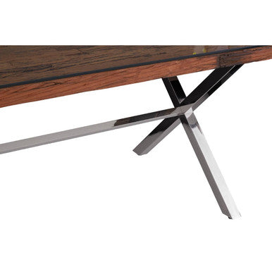 Square Natural Wood & Clear Glass Top Dining Table With Grey Cross Base, Kerala