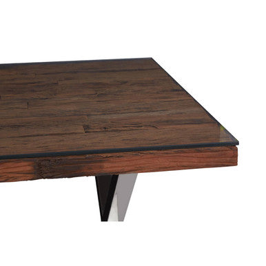 Square Natural Wood & Clear Glass Top Dining Table With Grey Cross Base, Kerala