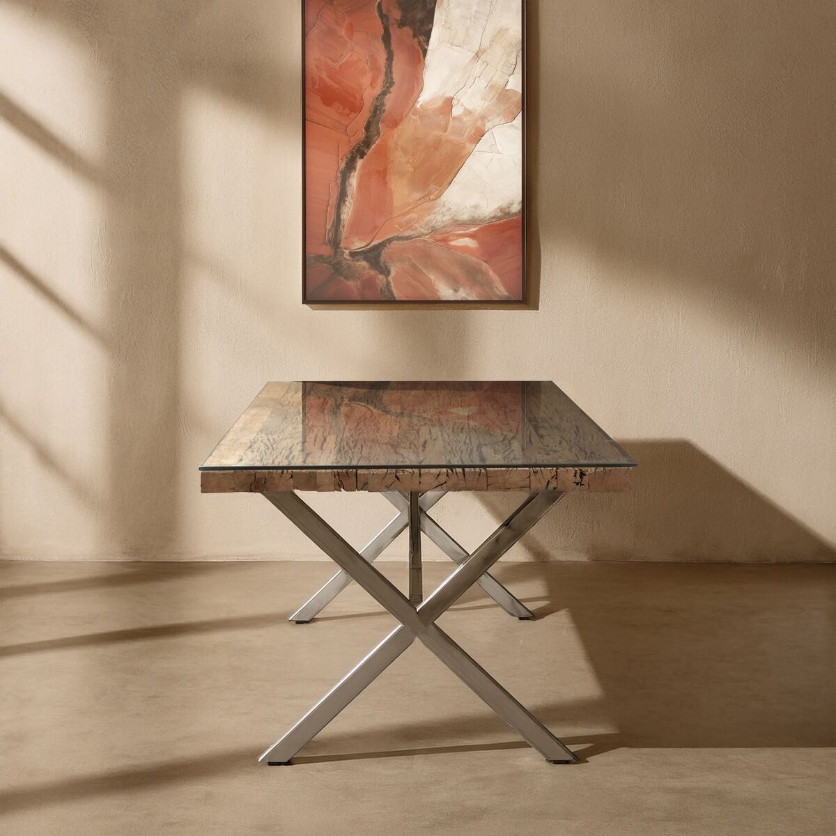 Square Natural Wood & Clear Glass Top Dining Table With Grey Cross Base, Kerala