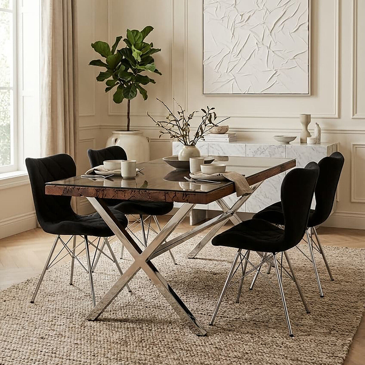 Square Natural Wood & Clear Glass Top Dining Table With Grey Cross Base, Kerala