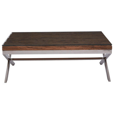 Square Natural Wood & Clear Glass Top Coffee Table With Silver Cross Base, Kerala