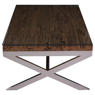 Square Natural Wood & Clear Glass Top Coffee Table With Silver Cross Base, Kerala