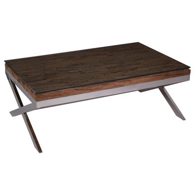 Square Natural Wood & Clear Glass Top Coffee Table With Silver Cross Base, Kerala