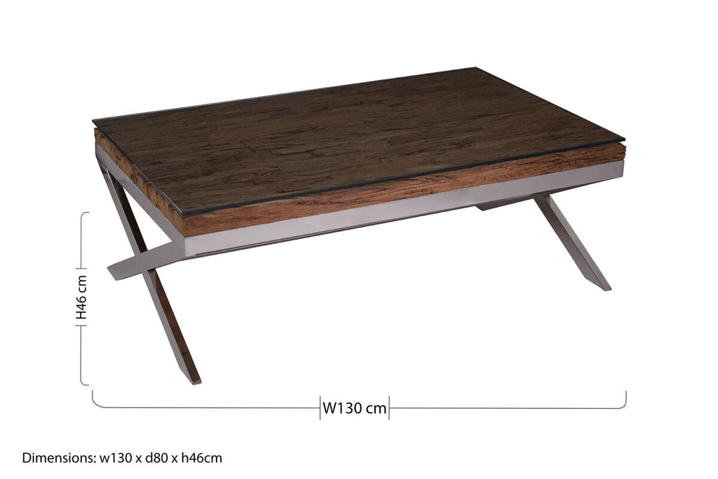 Square Natural Wood & Clear Glass Top Coffee Table With Silver Cross Base, Kerala