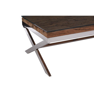Square Natural Wood & Clear Glass Top Coffee Table With Silver Cross Base, Kerala