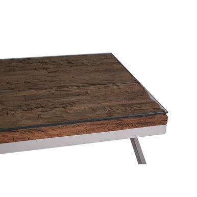 Square Natural Wood & Clear Glass Top Coffee Table With Silver Cross Base, Kerala