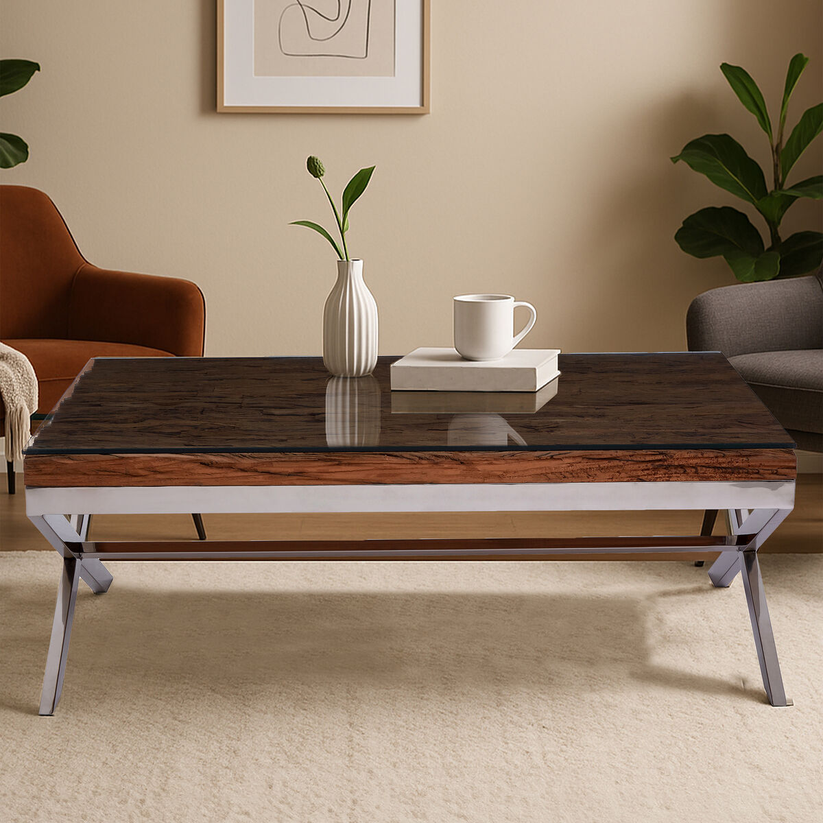 Square Natural Wood & Clear Glass Top Coffee Table With Silver Cross Base, Kerala