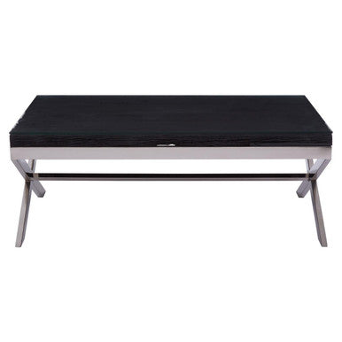 Square Black Wood & Clear Glass Top Coffee Table With Silver Cross Base, Kerala