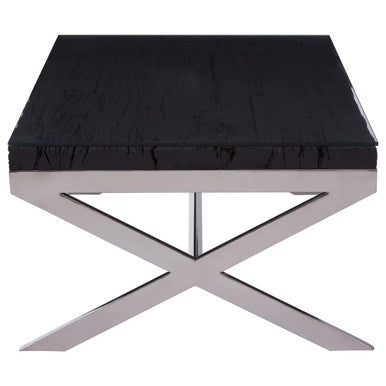 Square Black Wood & Clear Glass Top Coffee Table With Silver Cross Base, Kerala