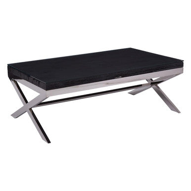Square Black Wood & Clear Glass Top Coffee Table With Silver Cross Base, Kerala
