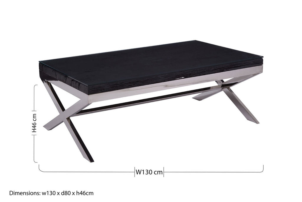 Square Black Wood & Clear Glass Top Coffee Table With Silver Cross Base, Kerala