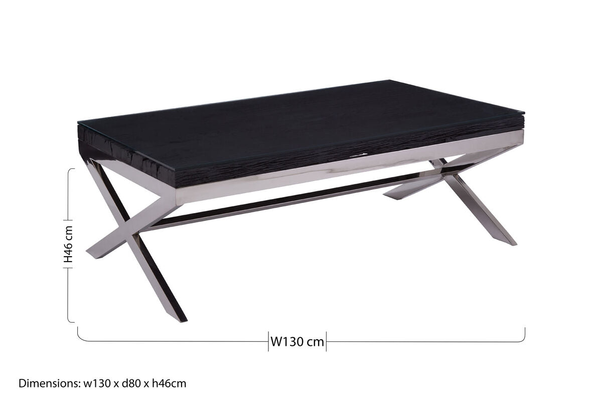 Square Black Wood & Clear Glass Top Coffee Table With Silver Cross Base, Kerala