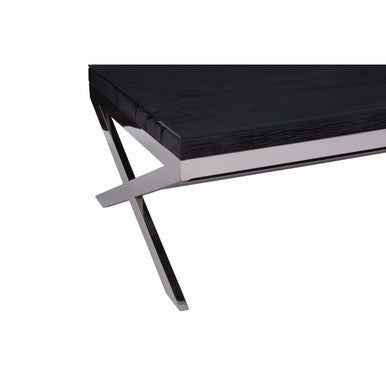Square Black Wood & Clear Glass Top Coffee Table With Silver Cross Base, Kerala