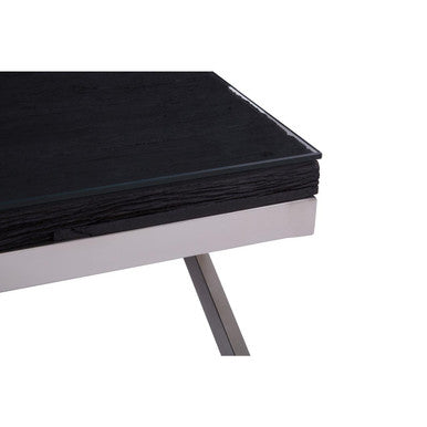 Square Black Wood & Clear Glass Top Coffee Table With Silver Cross Base, Kerala