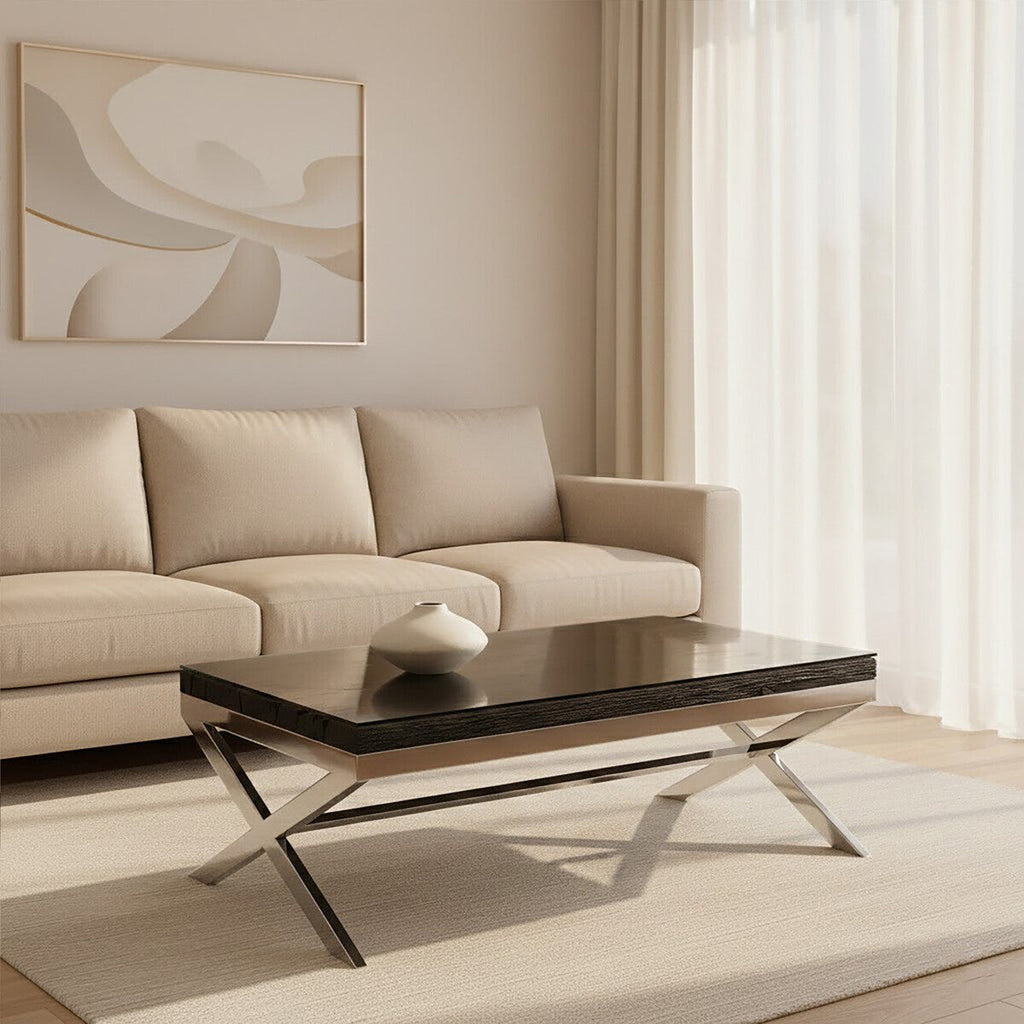 Square Black Wood & Clear Glass Top Coffee Table With Silver Cross Base, Kerala