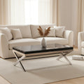 Square Black Wood & Clear Glass Top Coffee Table With Silver Cross Base, Kerala