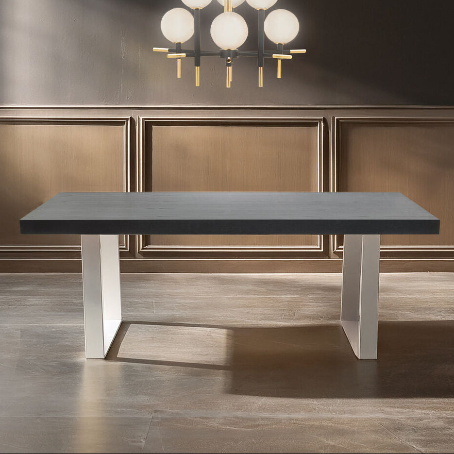 Black Elm Wood Rectangular Dining Table With Stainless Steel U Shaped Legs, Ulmus