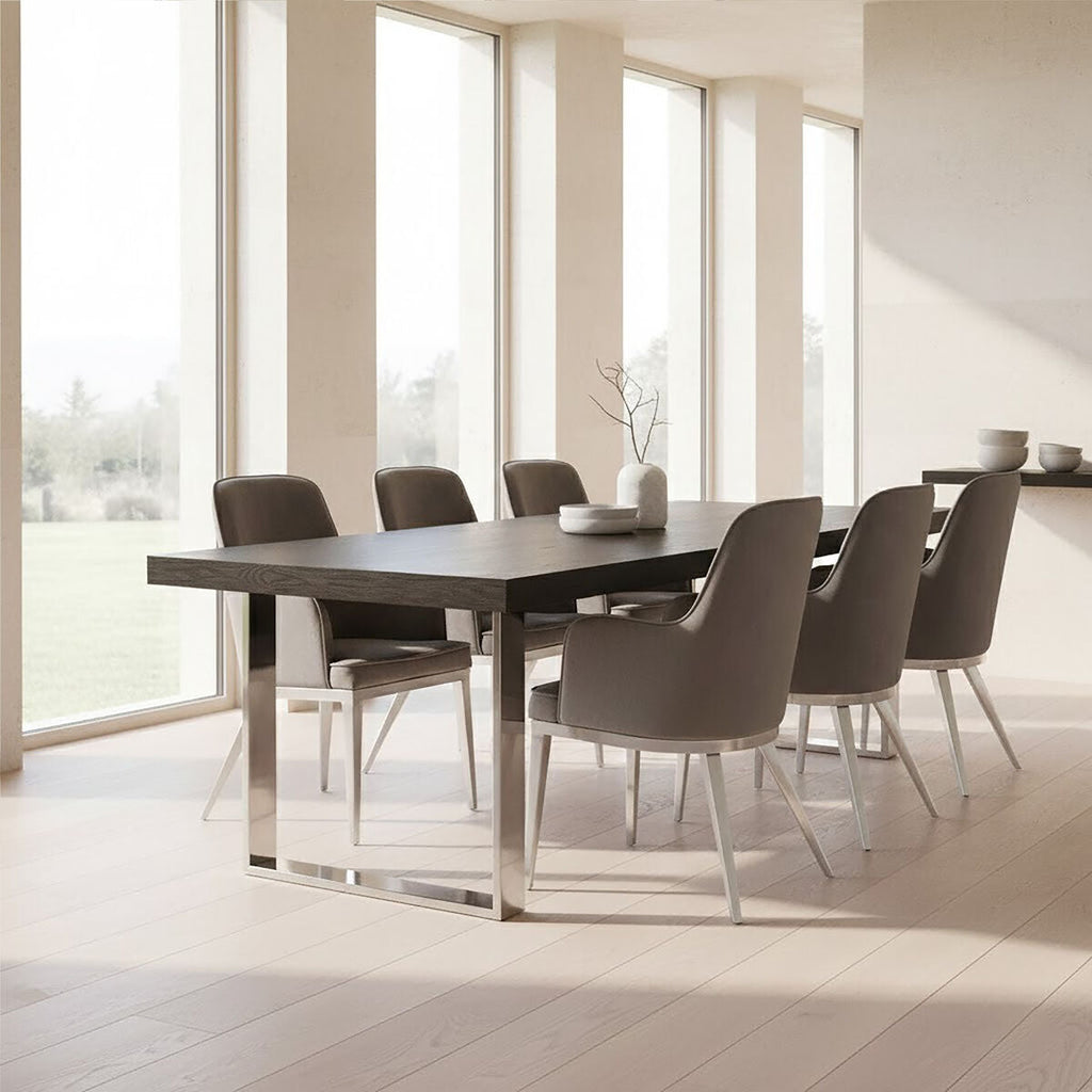 Black Elm Wood Rectangular Dining Table With Stainless Steel U Shaped Legs, Ulmus