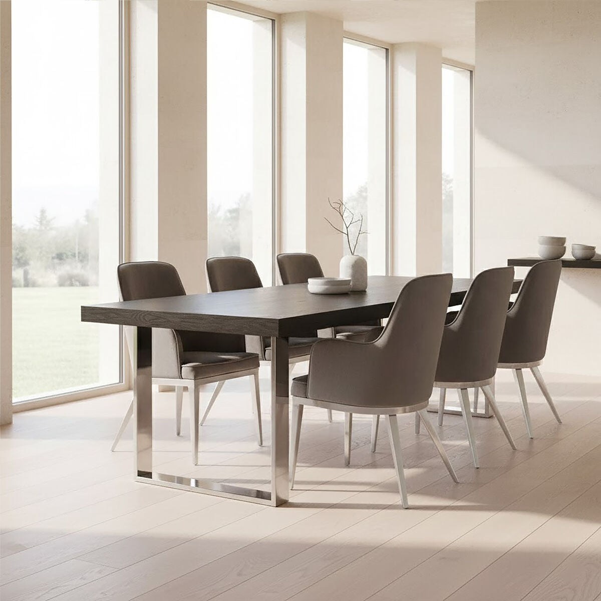 Black Elm Wood Rectangular Dining Table With Stainless Steel U Shaped Legs, Ulmus