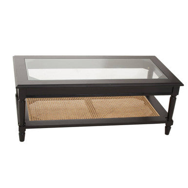 Black Clear Glass Top Coffee Table With Natural Rattan Woven Shelf, Corso