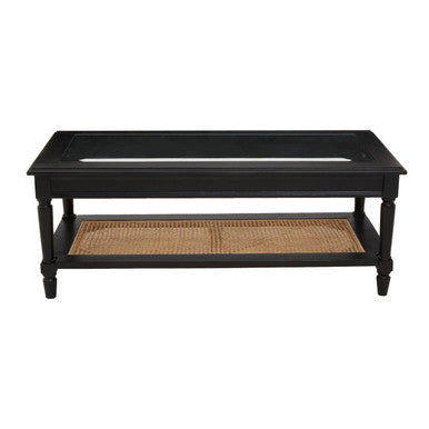 Black Clear Glass Top Coffee Table With Natural Rattan Woven Shelf, Corso