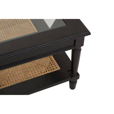 Black Clear Glass Top Coffee Table With Natural Rattan Woven Shelf, Corso
