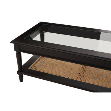 Black Clear Glass Top Coffee Table With Natural Rattan Woven Shelf, Corso
