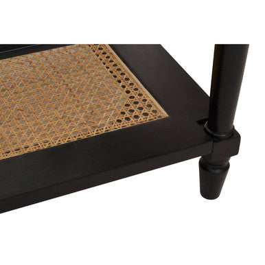 Black Clear Glass Top Coffee Table With Natural Rattan Woven Shelf, Corso