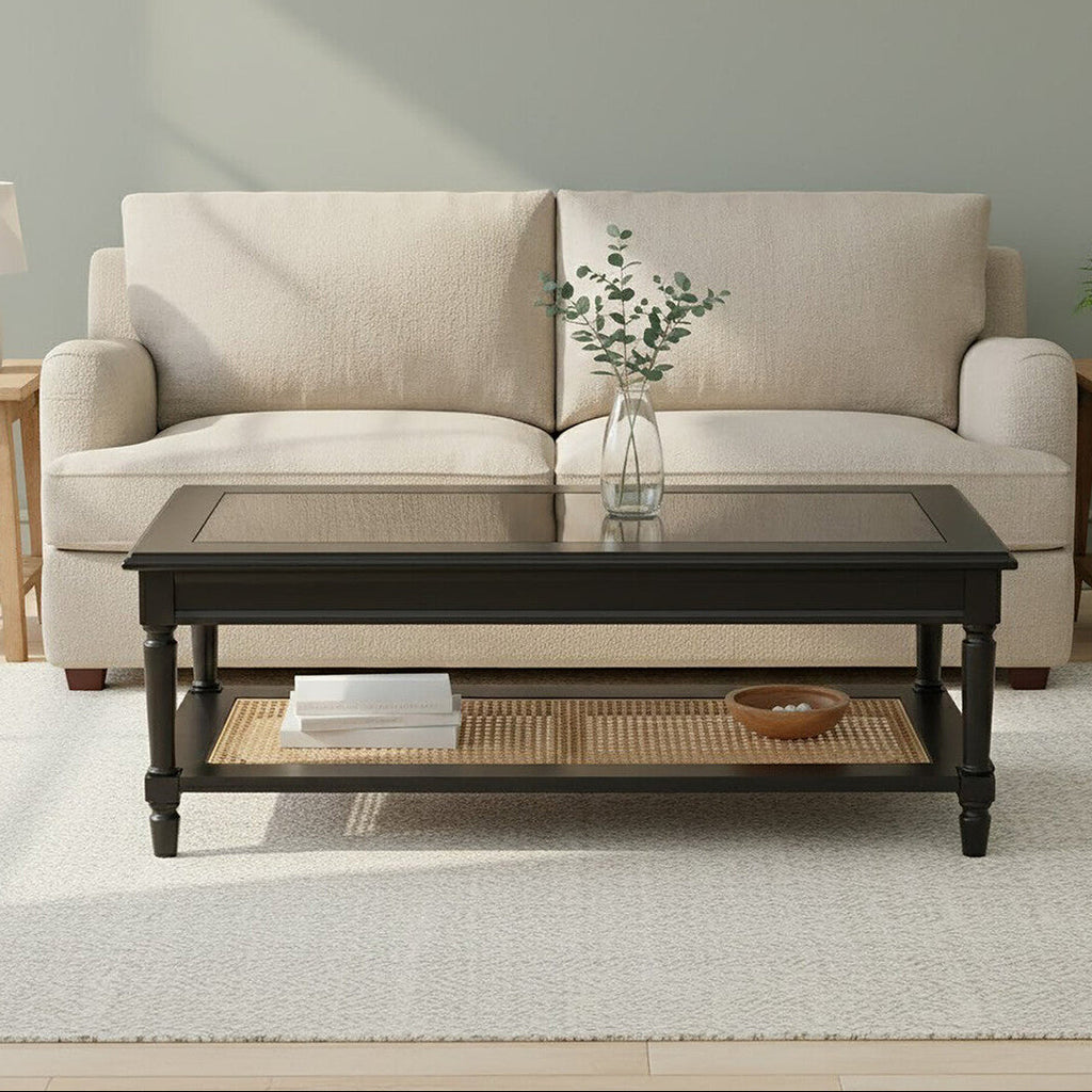 Black Clear Glass Top Coffee Table With Natural Rattan Woven Shelf, Corso