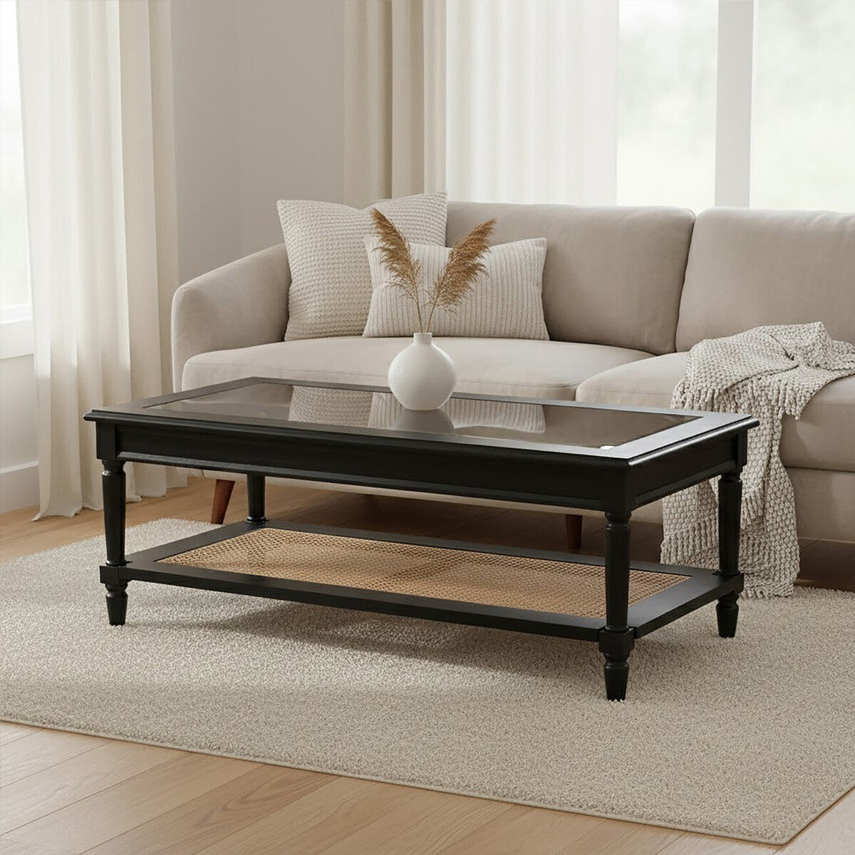 Black Clear Glass Top Coffee Table With Natural Rattan Woven Shelf, Corso