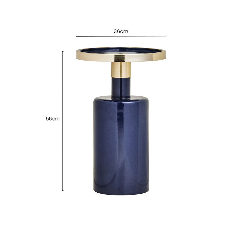 Gold & Navy Art Deco Pillar Metal Side Table With Base, Elva