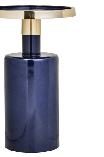 Gold & Navy Art Deco Pillar Metal Side Table With Base, Elva