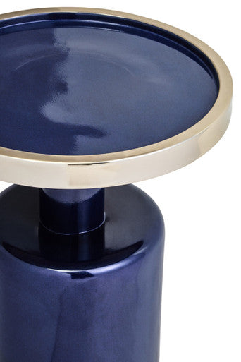 Gold & Navy Art Deco Pillar Metal Side Table With Base, Elva