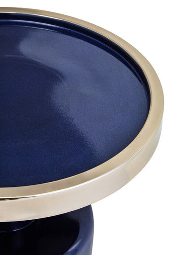 Gold & Navy Art Deco Pillar Metal Side Table With Base, Elva