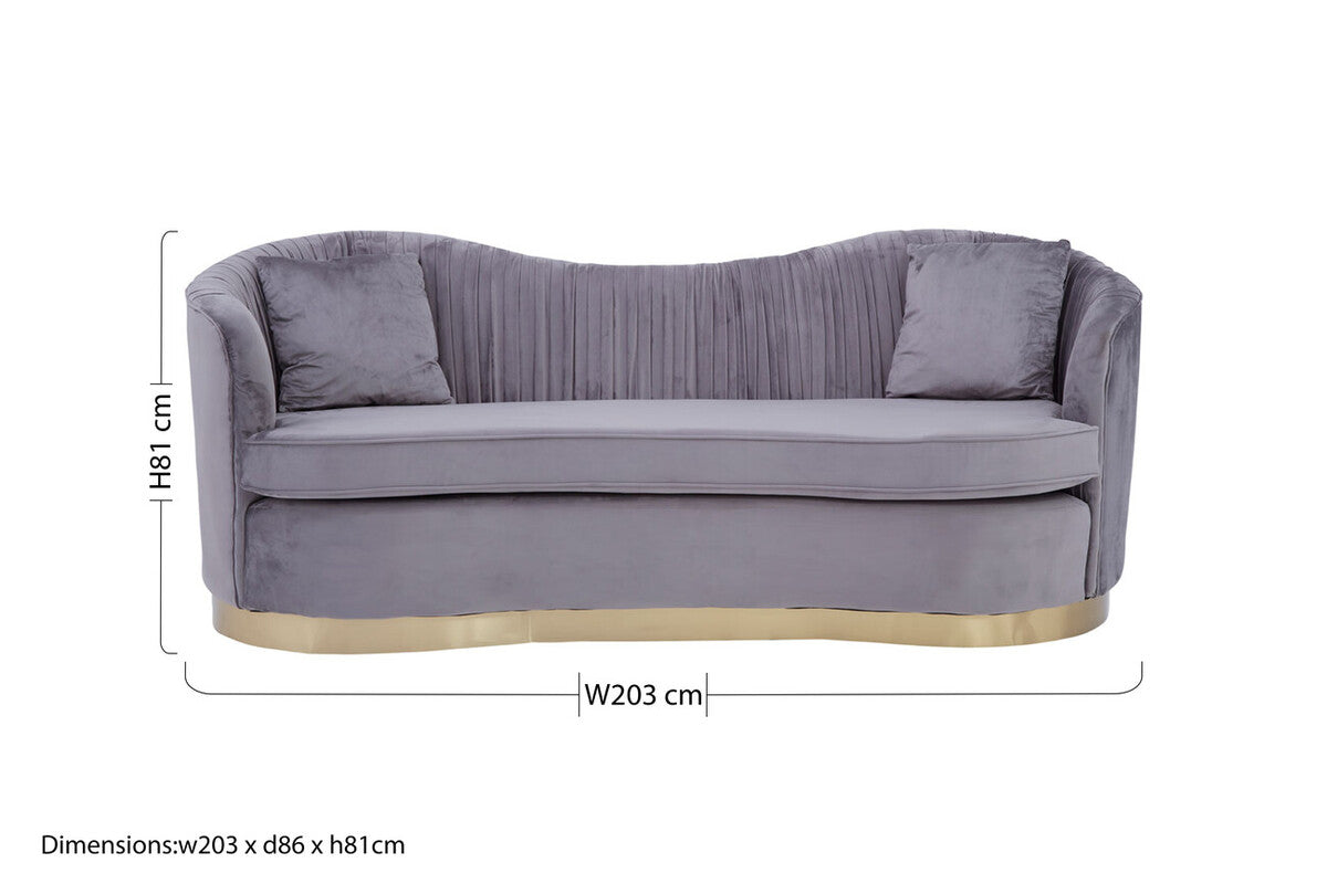 3 Seat Grey Pleated Velvet Sofa, Franza