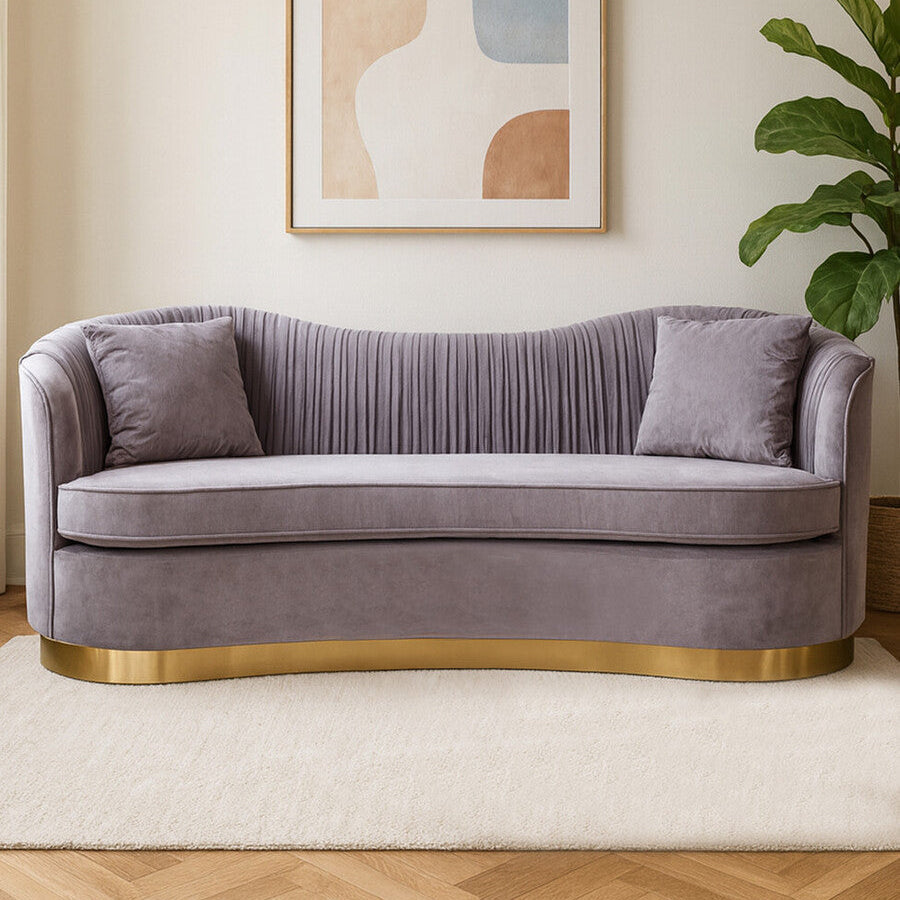 3 Seat Grey Pleated Velvet Sofa, Franza